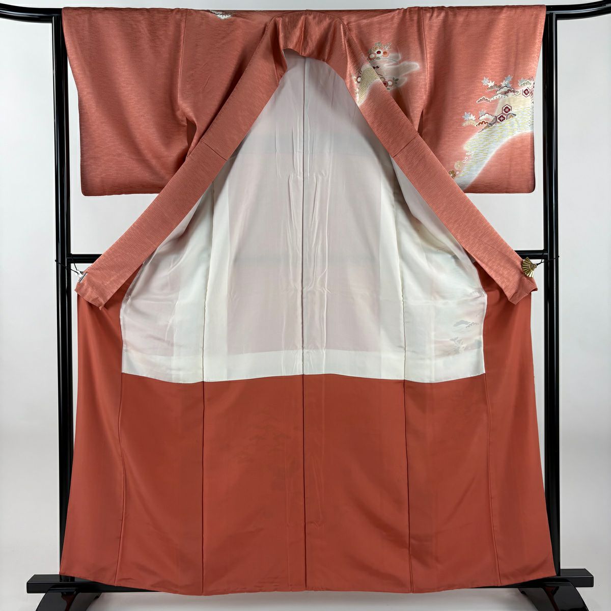 訪問服 身長161.5cm 袖長64cm M 雙層 御所車 秋草 金絲 金銀彩 粉紅 純蠶絲 秀品級