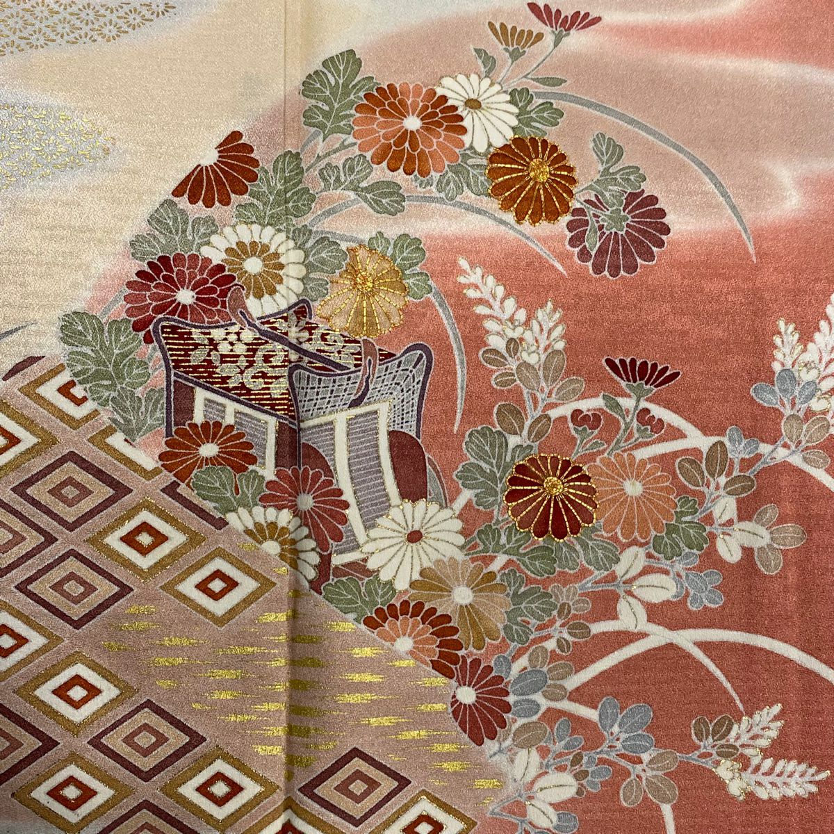 訪問服 身長161.5cm 袖長64cm M 雙層 御所車 秋草 金絲 金銀彩 粉紅 純蠶絲 秀品級