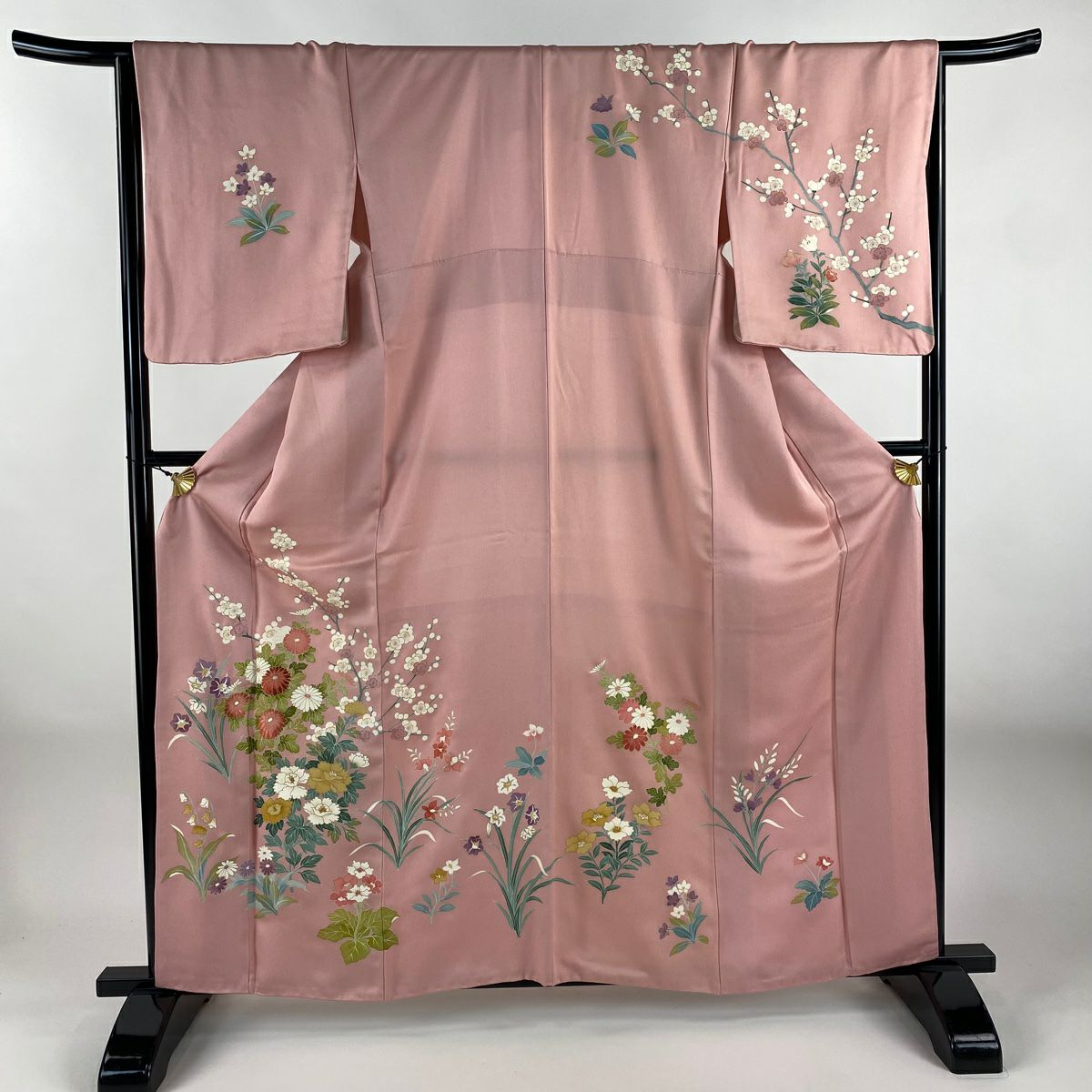訪問服 身長160cm 袖長66.5cm M 雙層 菊花 牡丹 金彩裝飾 刺繡 粉紅 純蠶絲 秀品級