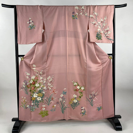 訪問服 身長160cm 袖長66.5cm M 雙層 菊花 牡丹 金彩裝飾 刺繡 粉紅 純蠶絲 秀品級