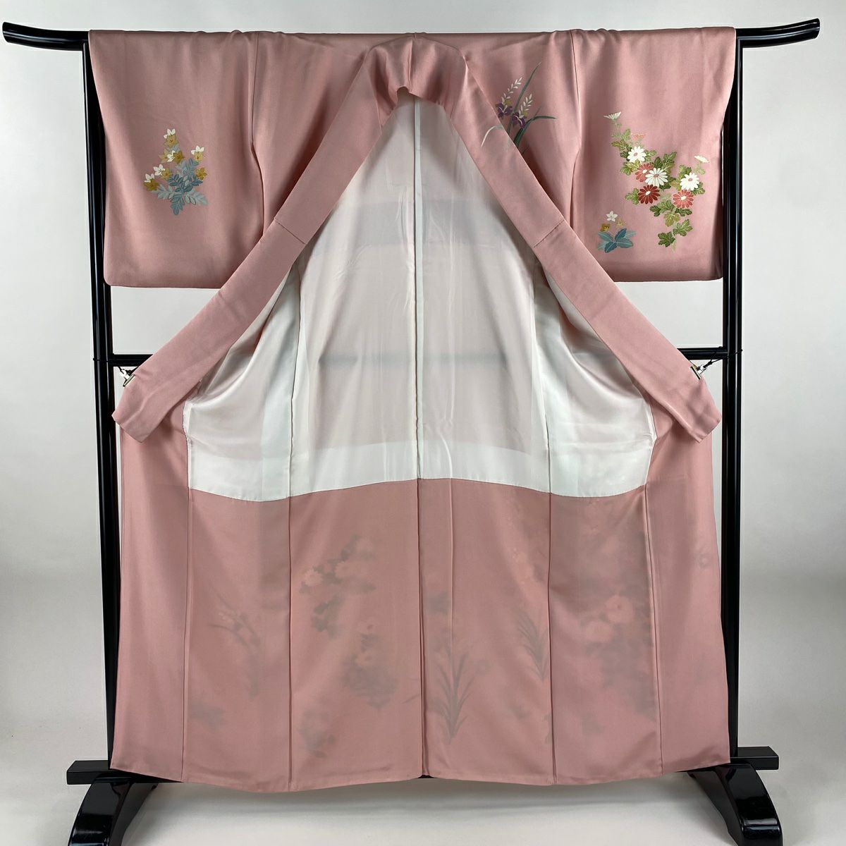 訪問服 身長160cm 袖長66.5cm M 雙層 菊花 牡丹 金彩裝飾 刺繡 粉紅 純蠶絲 秀品級