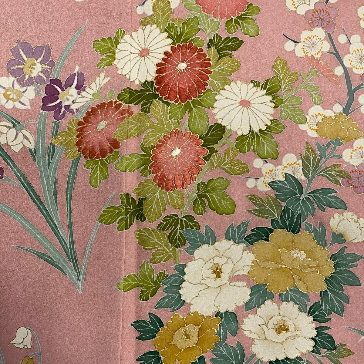 訪問服 身長160cm 袖長66.5cm M 雙層 菊花 牡丹 金彩裝飾 刺繡 粉紅 純蠶絲 秀品級