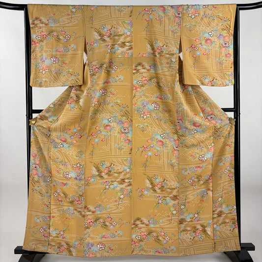 【美品】 小紋 身長161.5cm 袖長65.5cm M 雙層 松樹竹子梅花 草花紋紋 金銀彩 絞染 山吹茶 純蠶絲 秀品級