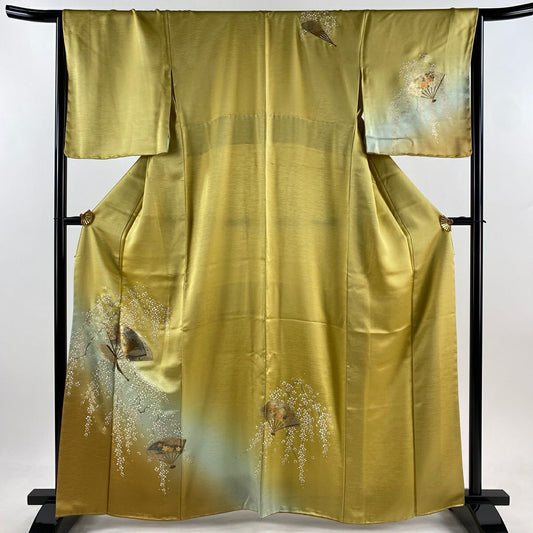 【美品】 付下 身長162cm 袖長66.5cm M 雙層 大和 扇子子 垂枝櫻 金銀彩 漸層 山吹色 純蠶絲 優品級