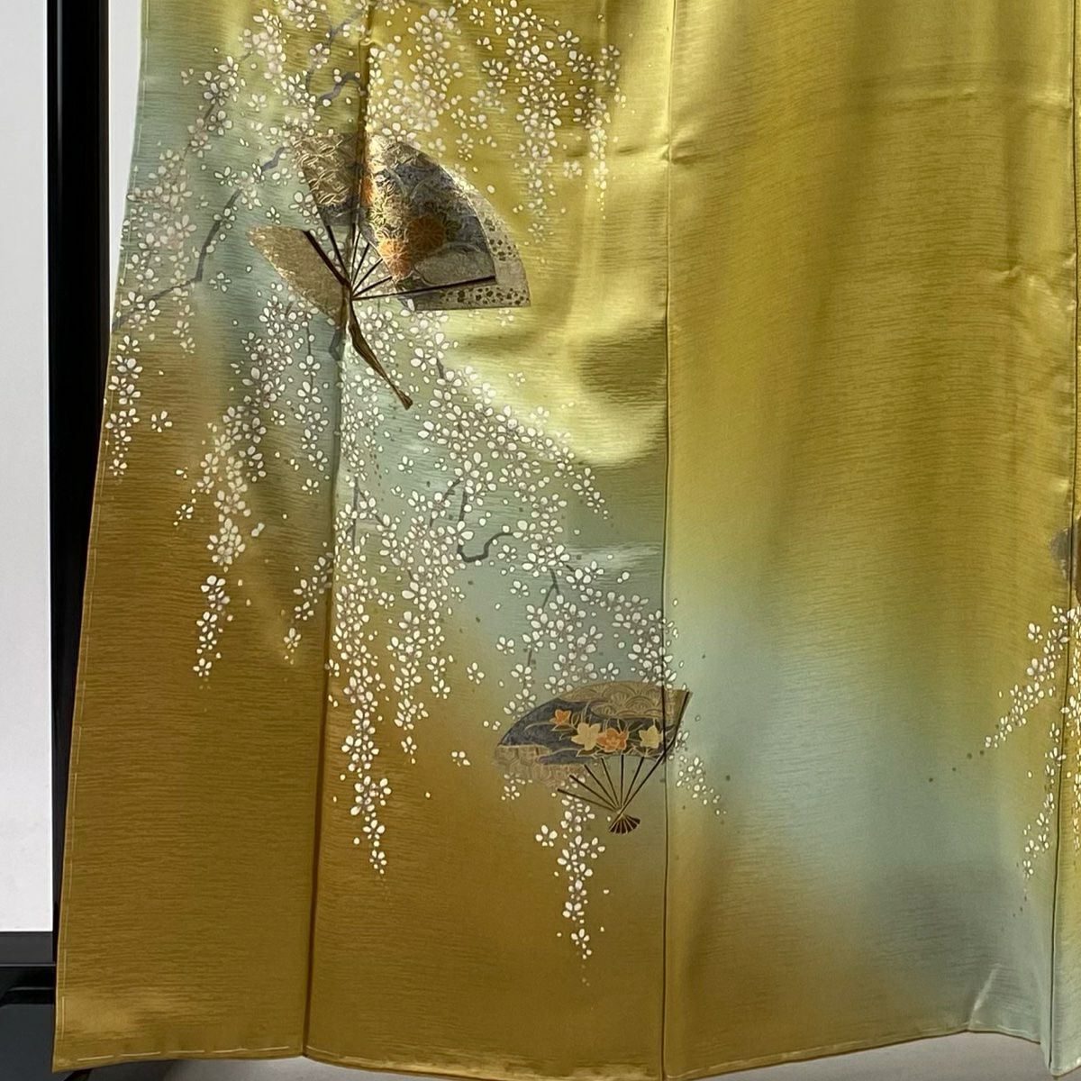【美品】 付下 身長162cm 袖長66.5cm M 雙層 大和 扇子子 垂枝櫻 金銀彩 漸層 山吹色 純蠶絲 優品級