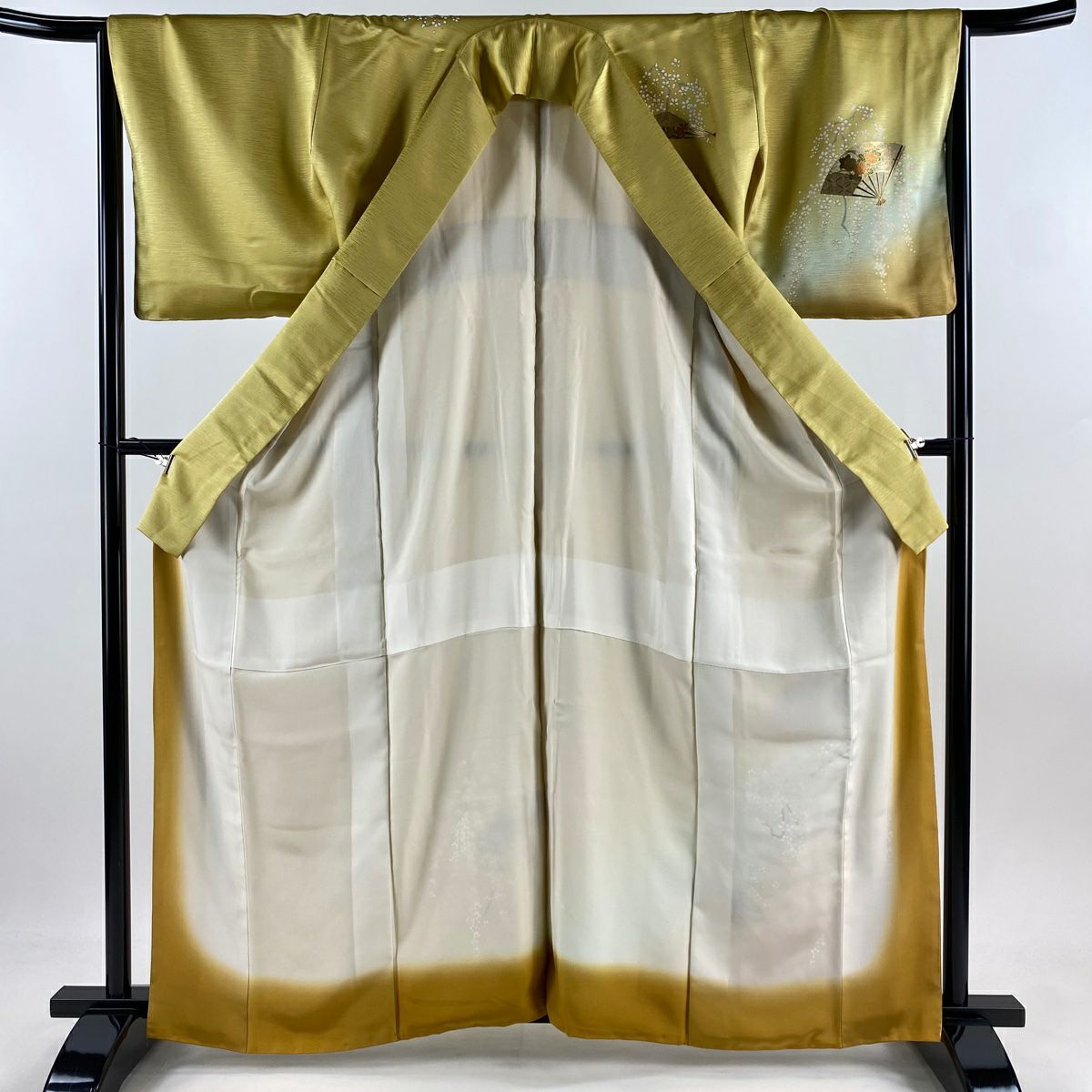 【美品】 付下 身長162cm 袖長66.5cm M 雙層 大和 扇子子 垂枝櫻 金銀彩 漸層 山吹色 純蠶絲 優品級