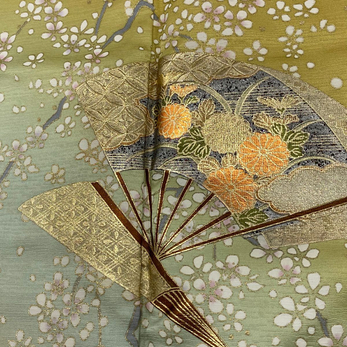 【美品】 付下 身長162cm 袖長66.5cm M 雙層 大和 扇子子 垂枝櫻 金銀彩 漸層 山吹色 純蠶絲 優品級