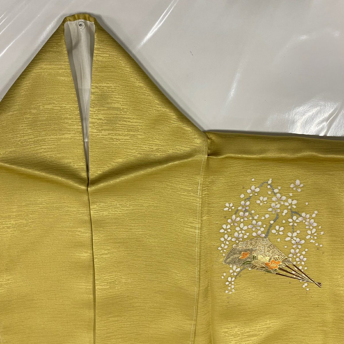 【美品】 付下 身長162cm 袖長66.5cm M 雙層 大和 扇子子 垂枝櫻 金銀彩 漸層 山吹色 純蠶絲 優品級