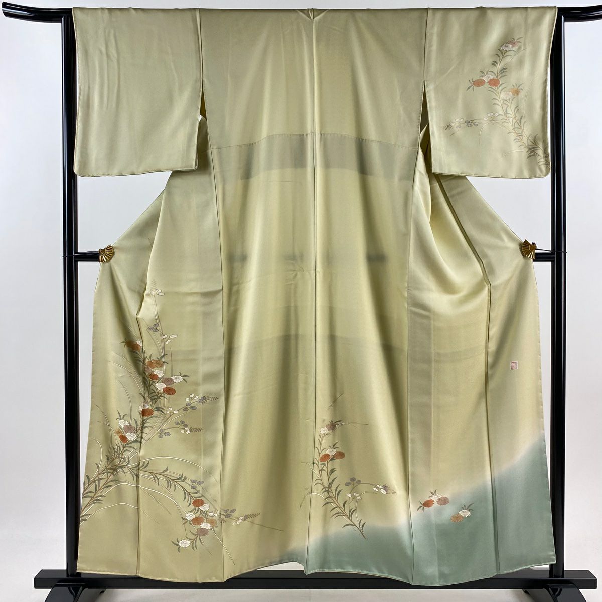訪問服 身長157cm 袖長64.5cm M 雙層 落款 菊花 萩 金彩裝飾 淡黃 純蠶絲 優品級