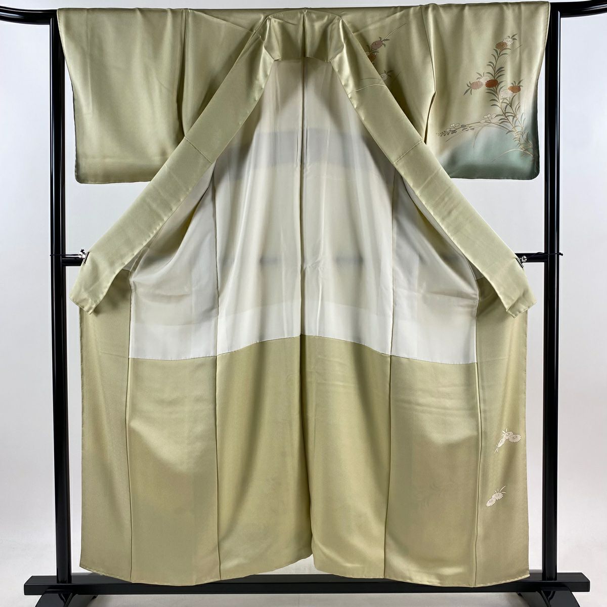 訪問服 身長157cm 袖長64.5cm M 雙層 落款 菊花 萩 金彩裝飾 淡黃 純蠶絲 優品級
