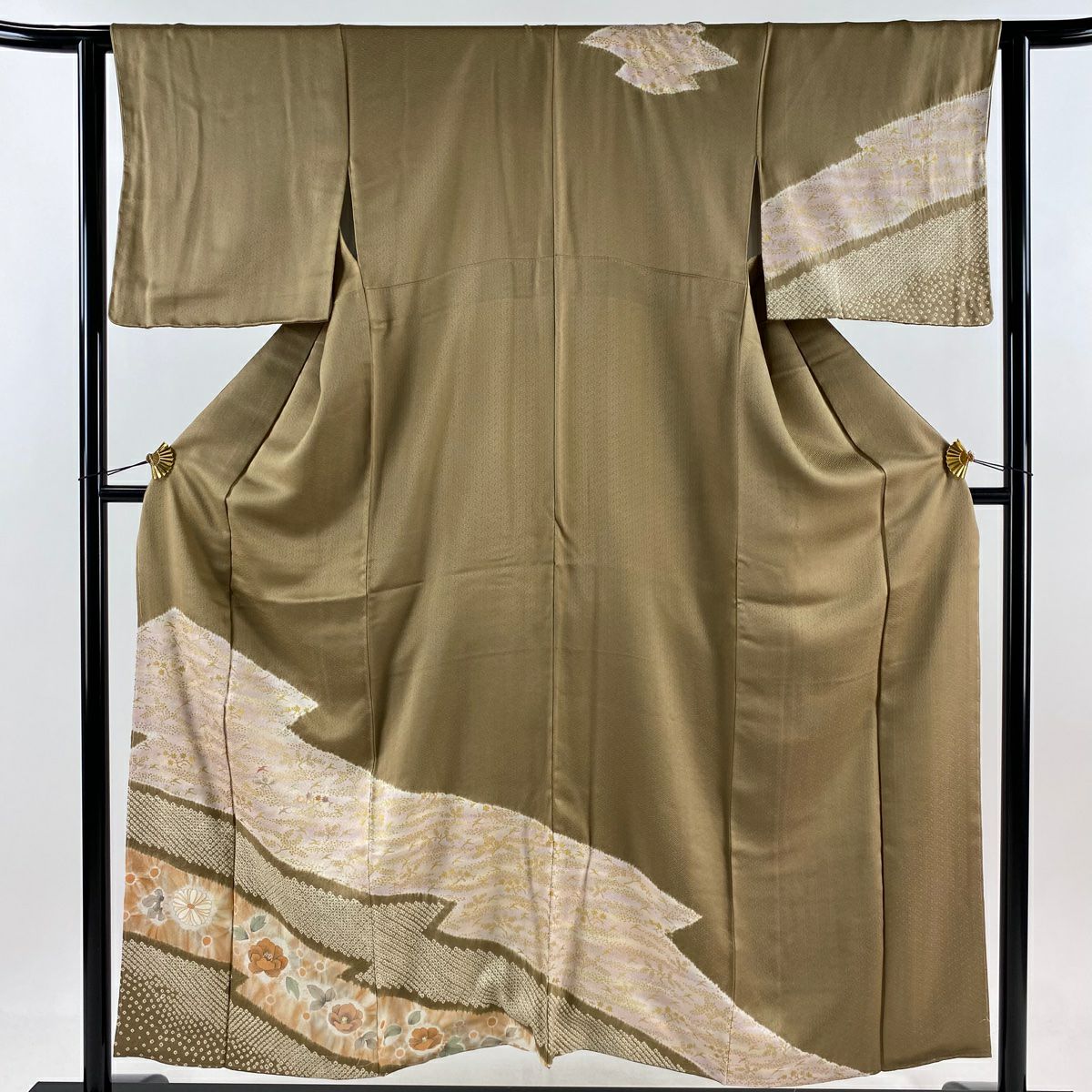 訪問服 身長154cm 袖長63cm S 雙層 鳥 草花紋紋 刺繡 金彩裝飾 薄茶 純蠶絲 秀品級