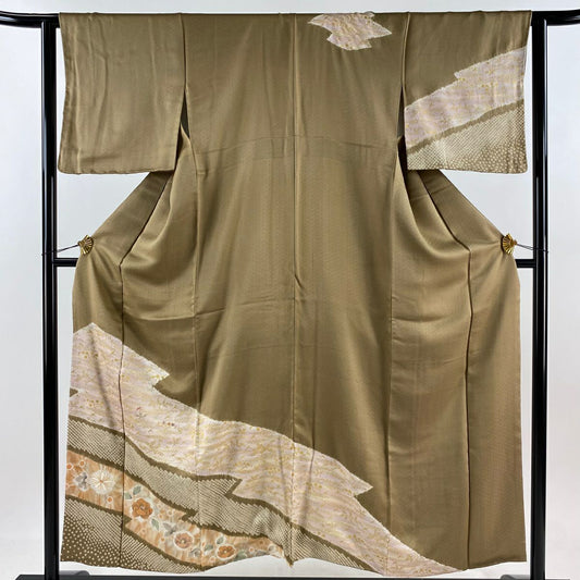 訪問服 身長154cm 袖長63cm S 雙層 鳥 草花紋紋 刺繡 金彩裝飾 薄茶 純蠶絲 秀品級