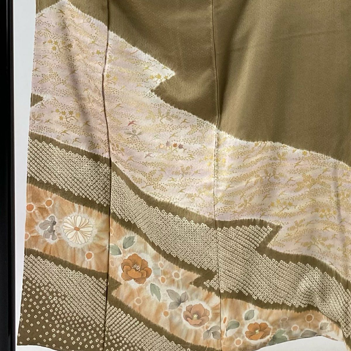 訪問服 身長154cm 袖長63cm S 雙層 鳥 草花紋紋 刺繡 金彩裝飾 薄茶 純蠶絲 秀品級