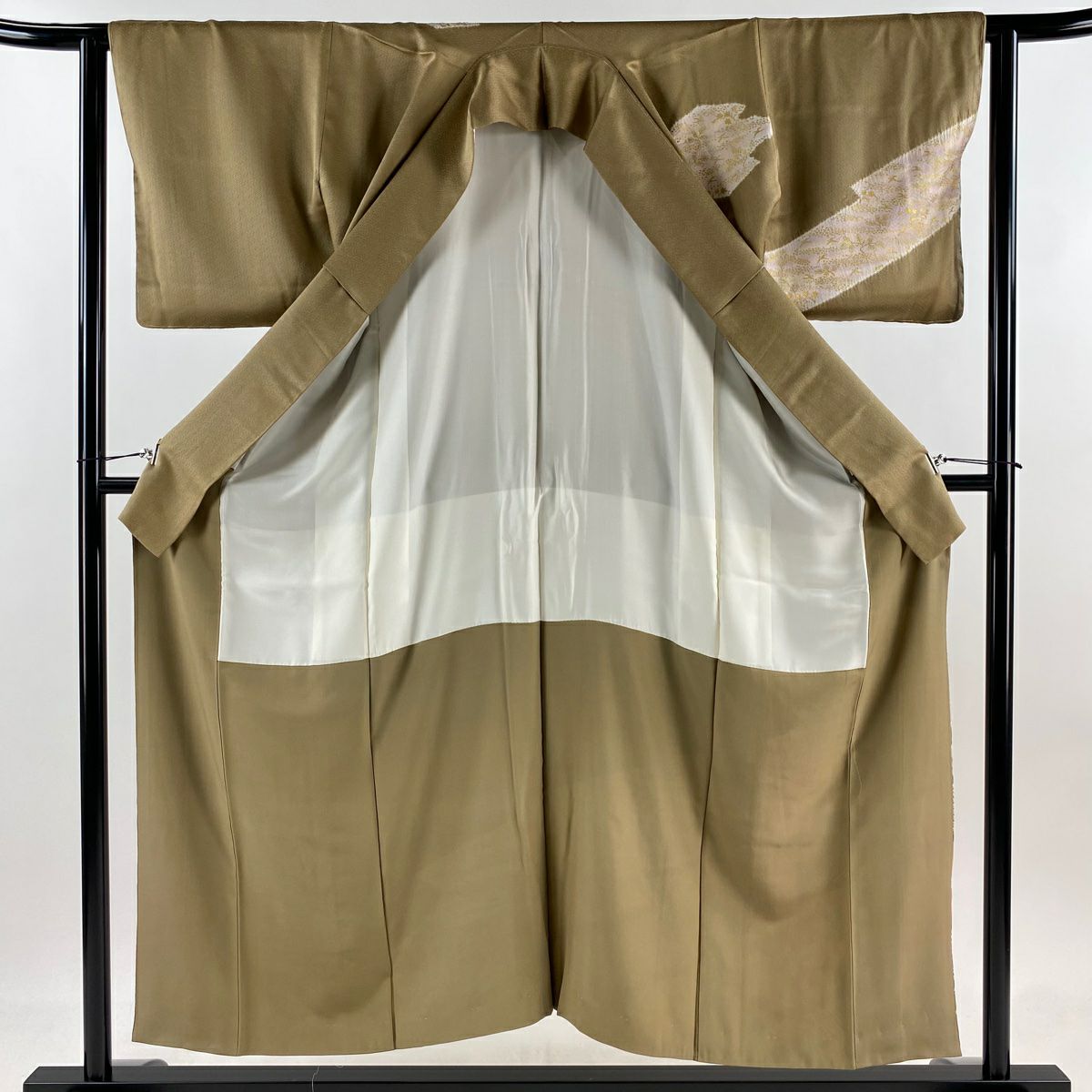 訪問服 身長154cm 袖長63cm S 雙層 鳥 草花紋紋 刺繡 金彩裝飾 薄茶 純蠶絲 秀品級