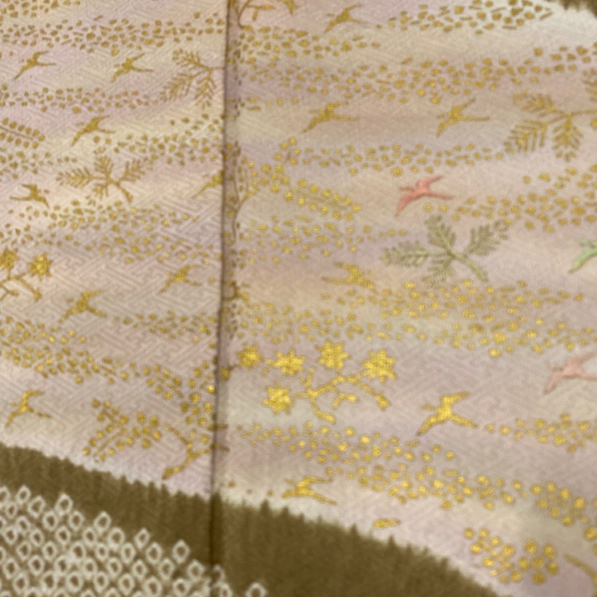 訪問服 身長154cm 袖長63cm S 雙層 鳥 草花紋紋 刺繡 金彩裝飾 薄茶 純蠶絲 秀品級