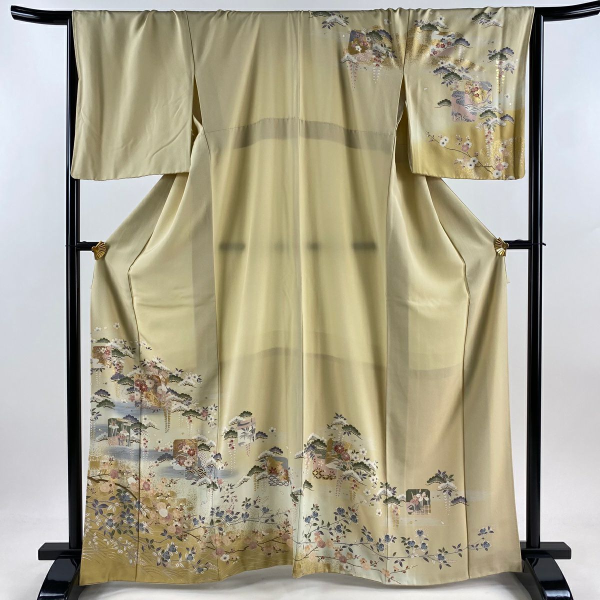 訪問服 身長164.5cm 袖長67cm M 雙層 破裂色紙 松樹梅花 金銀彩 漸層 米色 純蠶絲 優品級
