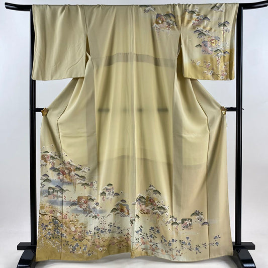 訪問服 身長164.5cm 袖長67cm M 雙層 破裂色紙 松樹梅花 金銀彩 漸層 米色 純蠶絲 優品級
