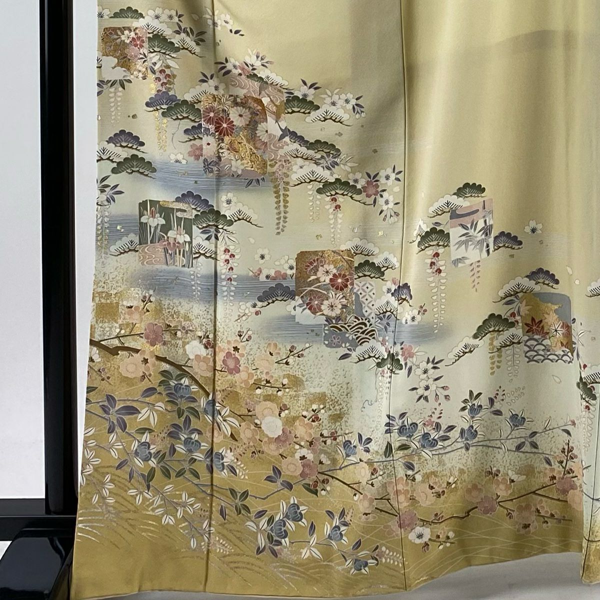 訪問服 身長164.5cm 袖長67cm M 雙層 破裂色紙 松樹梅花 金銀彩 漸層 米色 純蠶絲 優品級