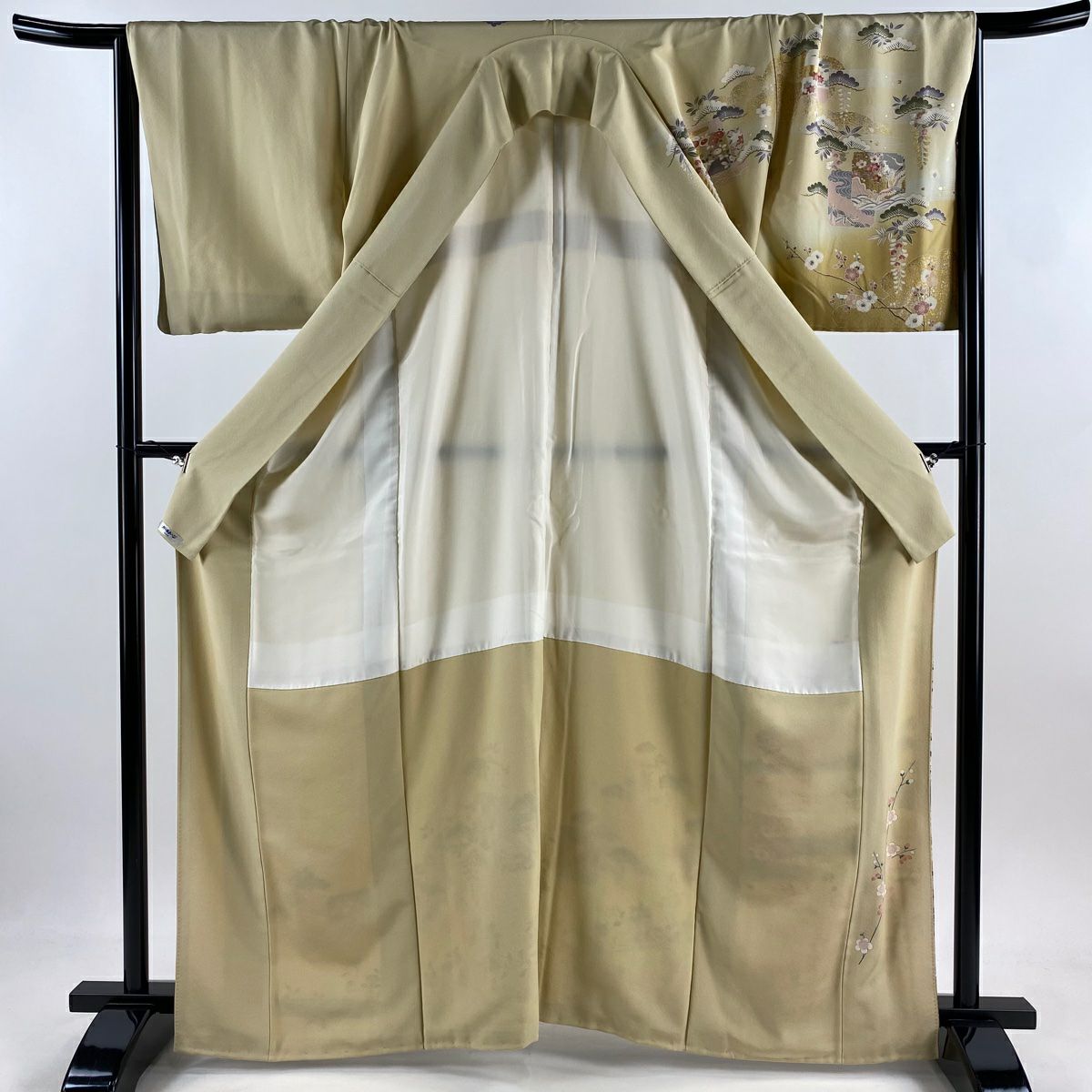 訪問服 身長164.5cm 袖長67cm M 雙層 破裂色紙 松樹梅花 金銀彩 漸層 米色 純蠶絲 優品級