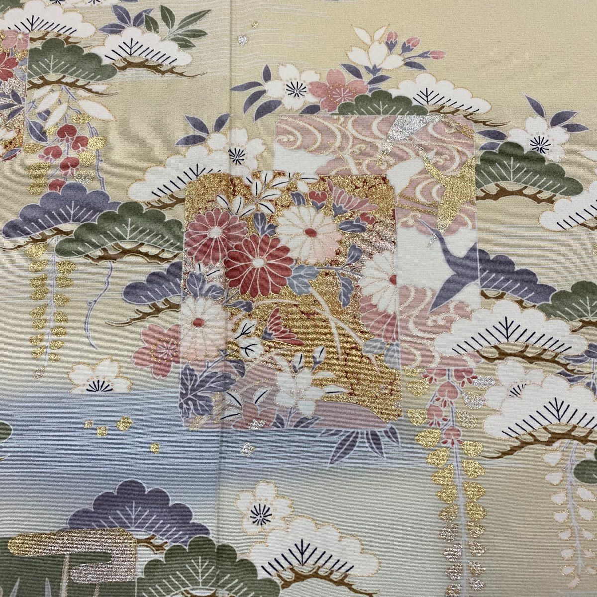 訪問服 身長164.5cm 袖長67cm M 雙層 破裂色紙 松樹梅花 金銀彩 漸層 米色 純蠶絲 優品級