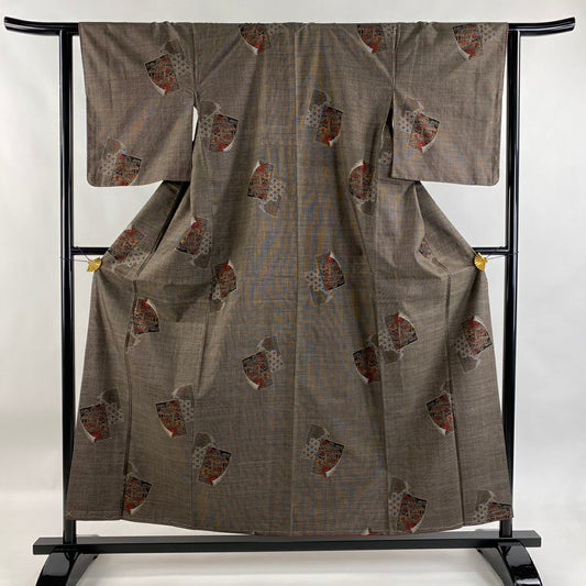 【美品】 紬織 身長156cm 袖長63cm S 雙層 草花紋紋 色紙 焦茶 純蠶絲 秀品級