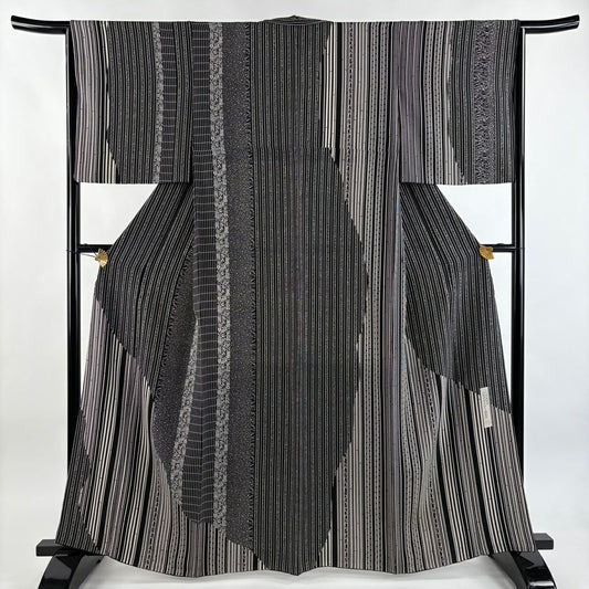 【美品】 付下 身長162cm 袖長64.5cm M 雙層 落款あり 縦縞 草花紋紋 黑 純蠶絲 名品級