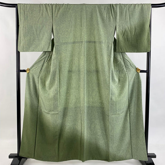 【美品】 付下 身長160cm 袖長67cm M 雙層 墨流 灰綠 純蠶絲 名品級