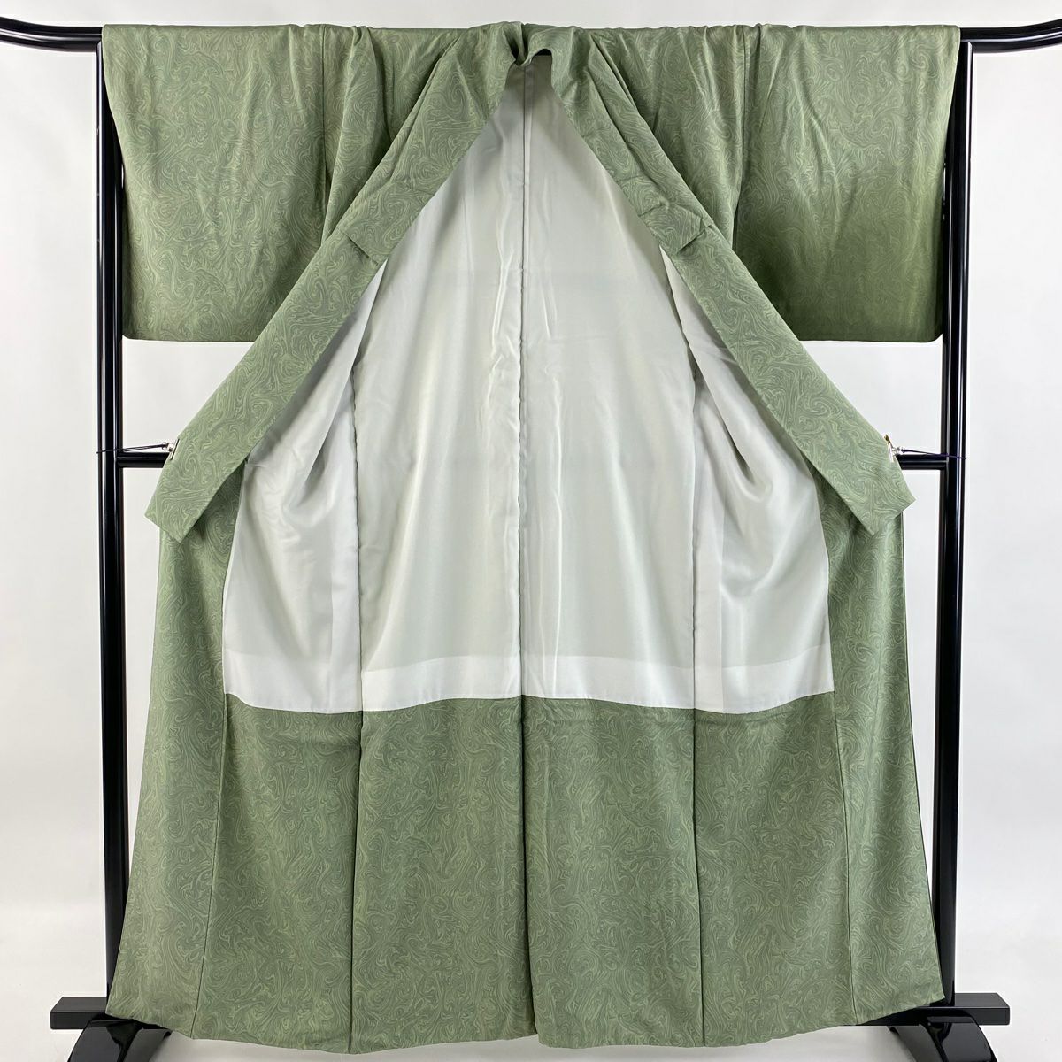 【美品】 付下 身長160cm 袖長67cm M 雙層 墨流 灰綠 純蠶絲 名品級