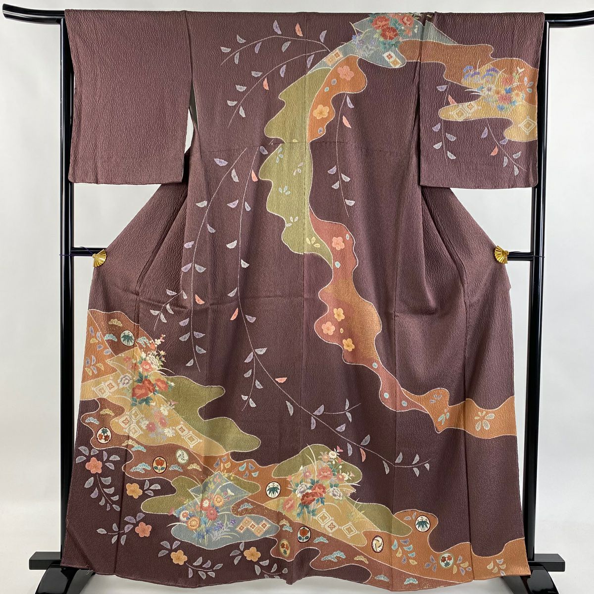 訪問服 身長162.5cm 袖長66.5cm M 雙層 草花紋紋 菱 金銀彩 紫 純蠶絲 名品級