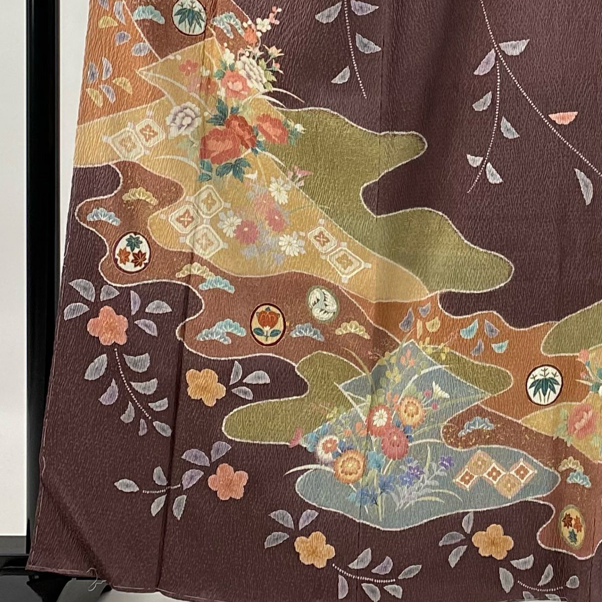 訪問服 身長162.5cm 袖長66.5cm M 雙層 草花紋紋 菱 金銀彩 紫 純蠶絲 名品級