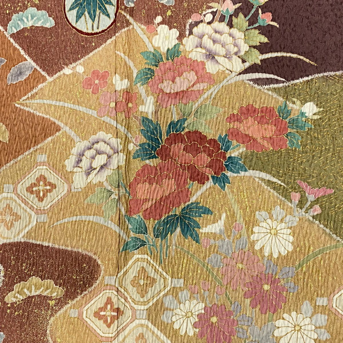 訪問服 身長162.5cm 袖長66.5cm M 雙層 草花紋紋 菱 金銀彩 紫 純蠶絲 名品級