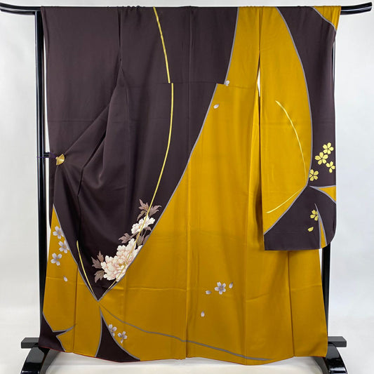 振袖禮服 身長163.5cm 袖長67.5cm L 雙層 蝶 牡丹 金絲 金銀彩 茶紫 純蠶絲 名品級