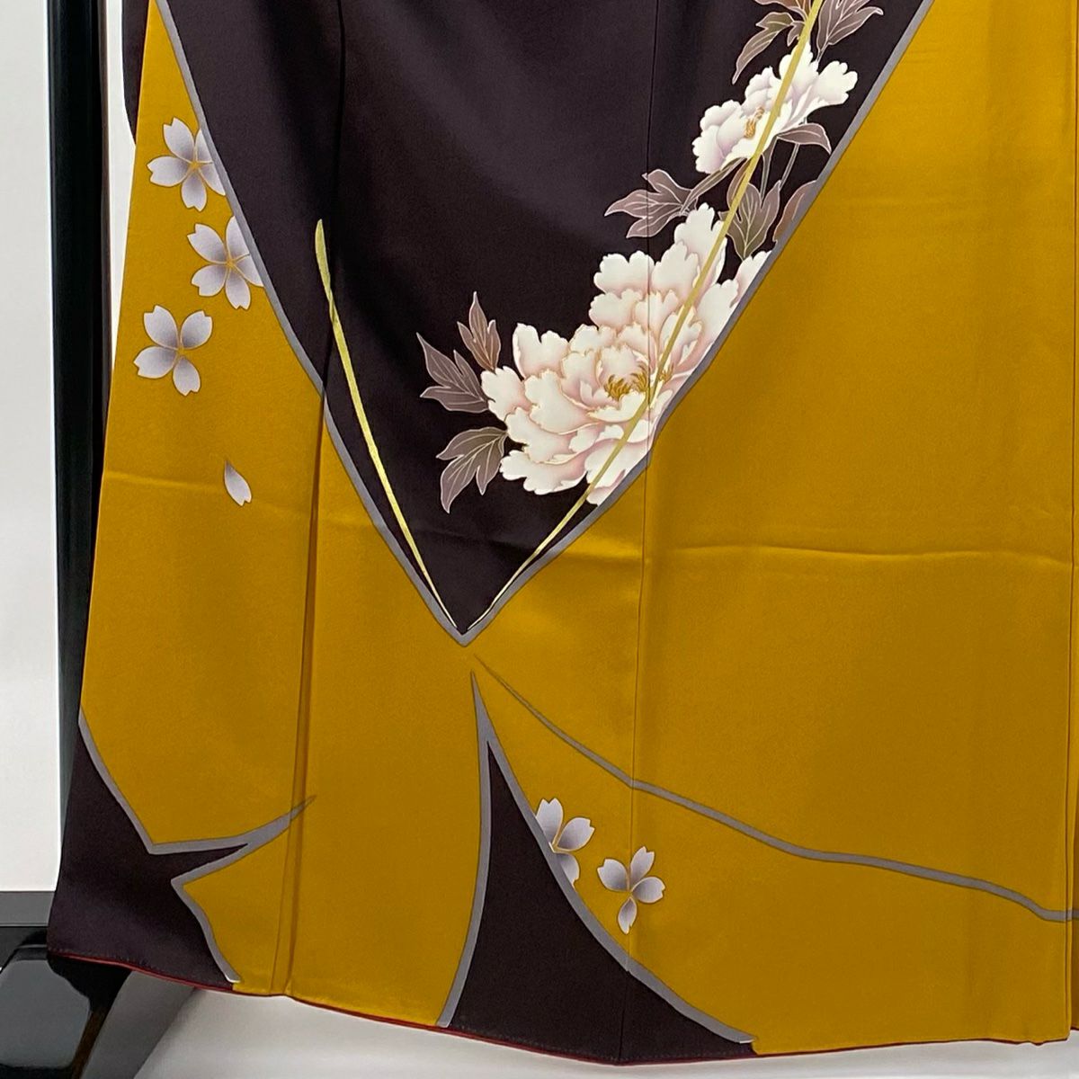 振袖禮服 身長163.5cm 袖長67.5cm L 雙層 蝶 牡丹 金絲 金銀彩 茶紫 純蠶絲 名品級