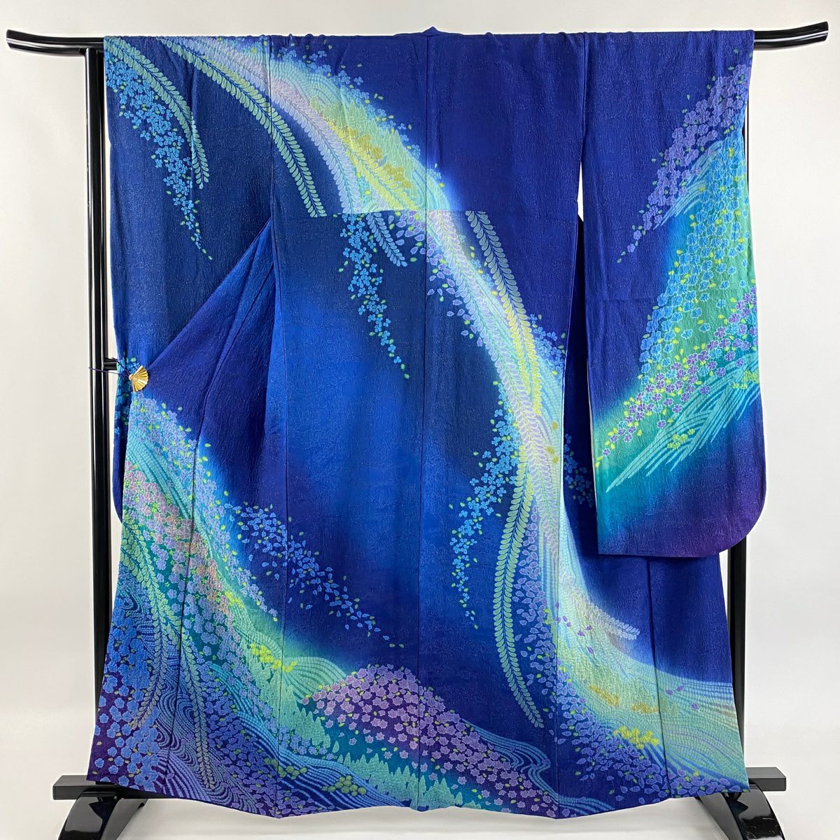 振袖禮服 身長161.5cm 袖長67.5cm L 雙層 櫻花 流水 絞染 銀通 青 純蠶絲 逸品級