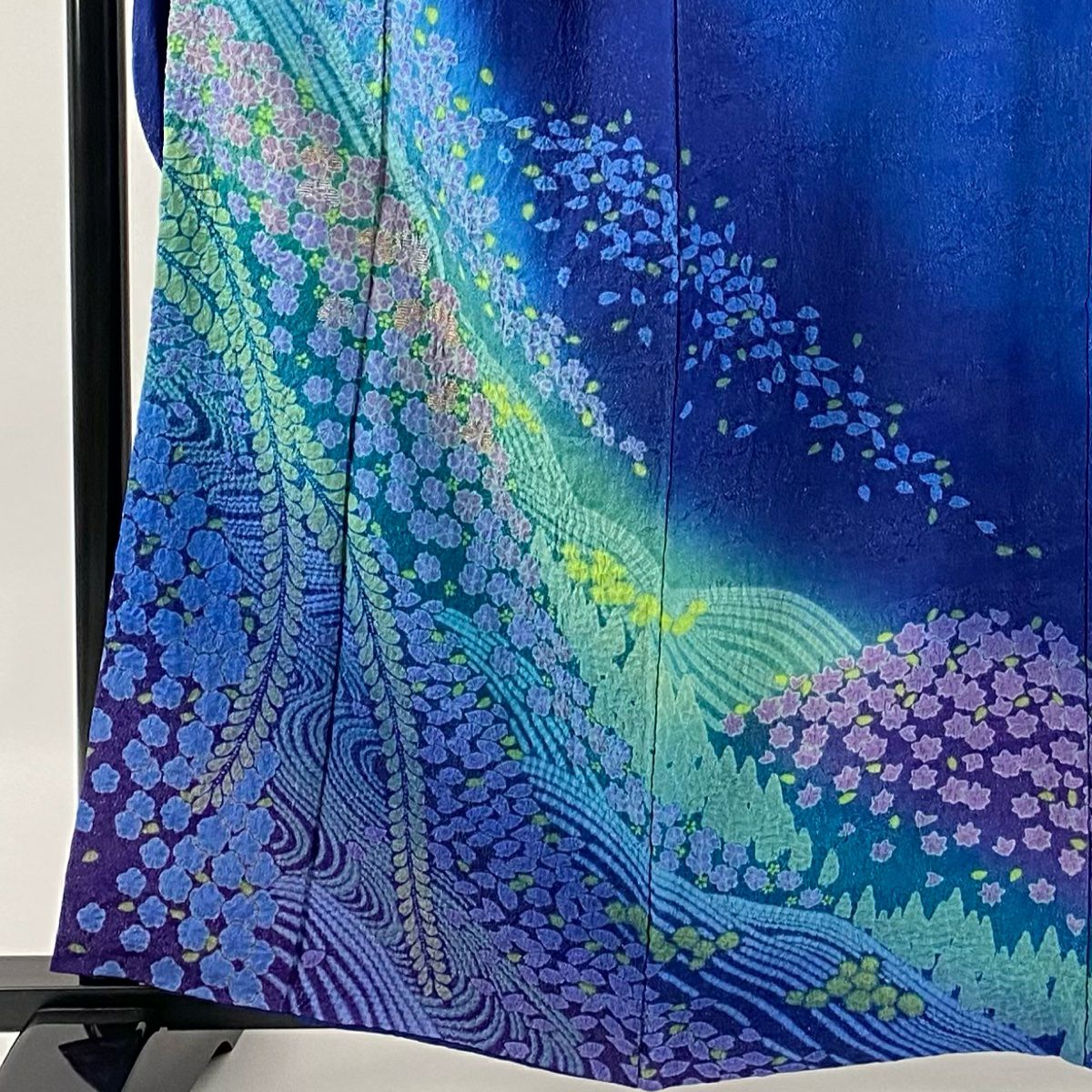 振袖禮服 身長161.5cm 袖長67.5cm L 雙層 櫻花 流水 絞染 銀通 青 純蠶絲 逸品級
