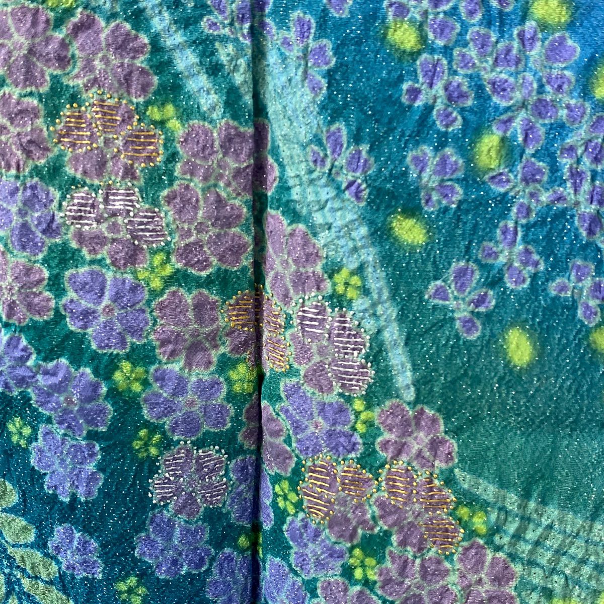 振袖禮服 身長161.5cm 袖長67.5cm L 雙層 櫻花 流水 絞染 銀通 青 純蠶絲 逸品級