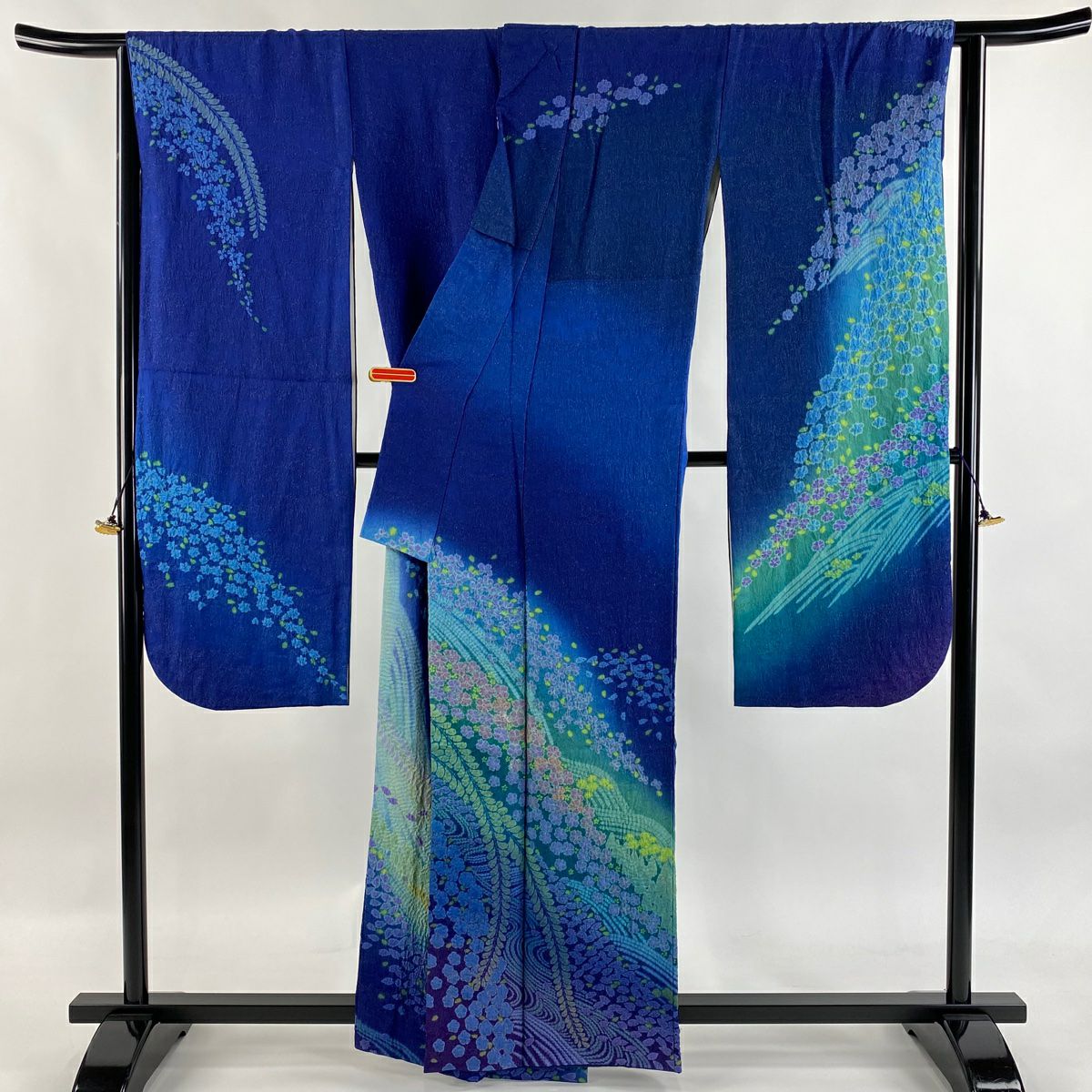 振袖禮服 身長161.5cm 袖長67.5cm L 雙層 櫻花 流水 絞染 銀通 青 純蠶絲 逸品級
