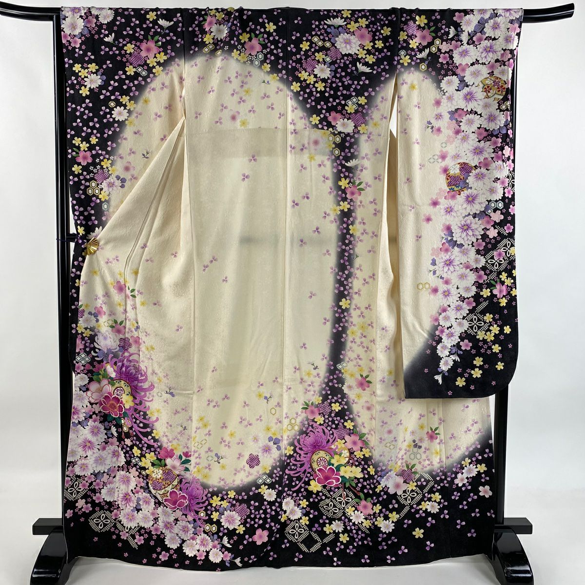 振袖禮服 身長168cm 袖長68.5cm L 雙層 鼓 櫻花 金銀彩 刺繡 奶油色 純蠶絲 逸品級