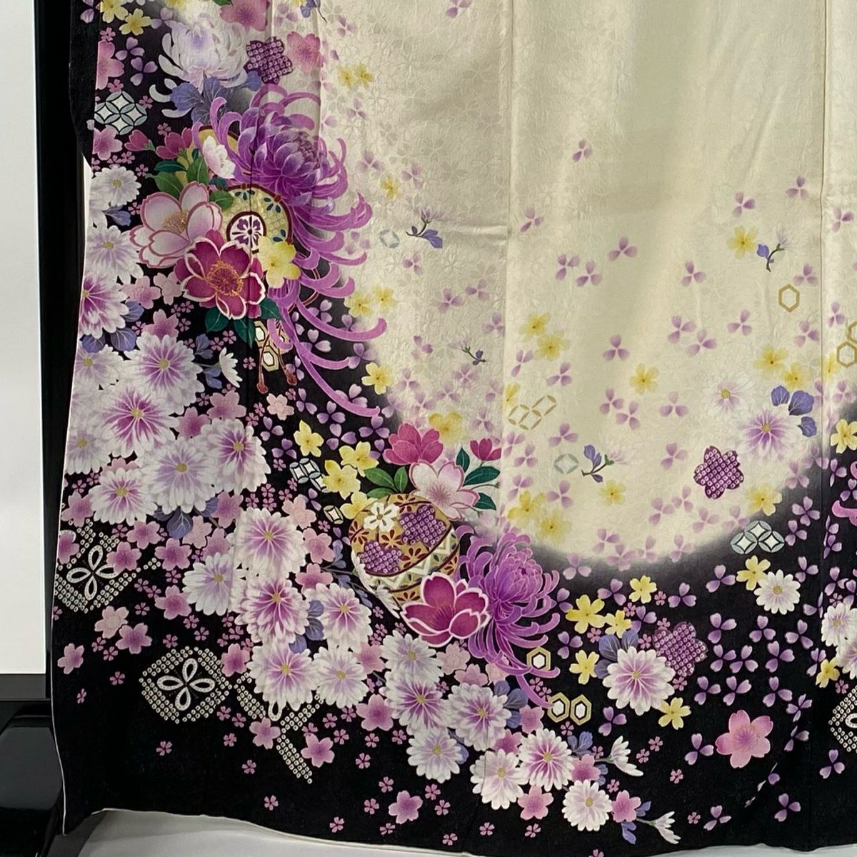 振袖禮服 身長168cm 袖長68.5cm L 雙層 鼓 櫻花 金銀彩 刺繡 奶油色 純蠶絲 逸品級