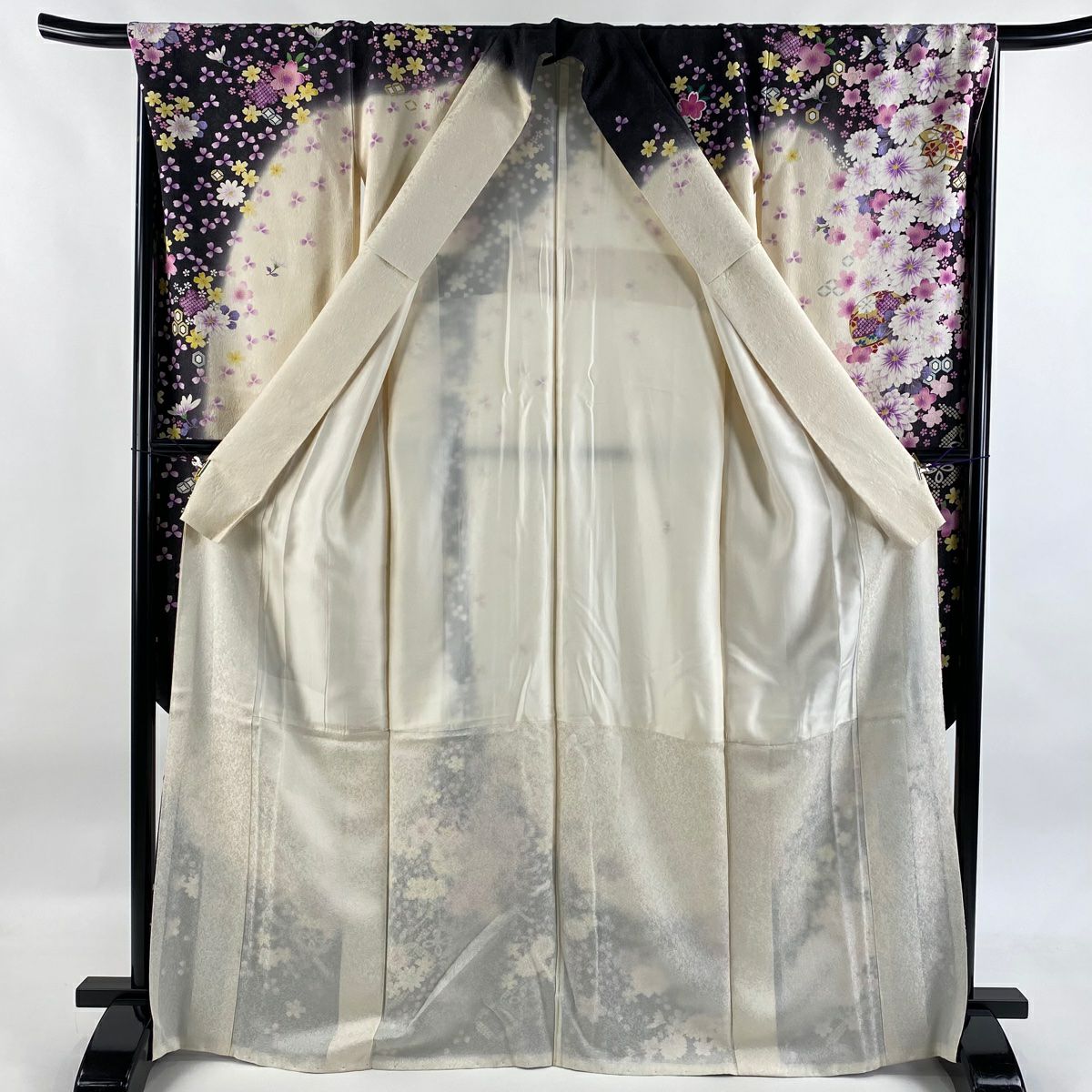 振袖禮服 身長168cm 袖長68.5cm L 雙層 鼓 櫻花 金銀彩 刺繡 奶油色 純蠶絲 逸品級