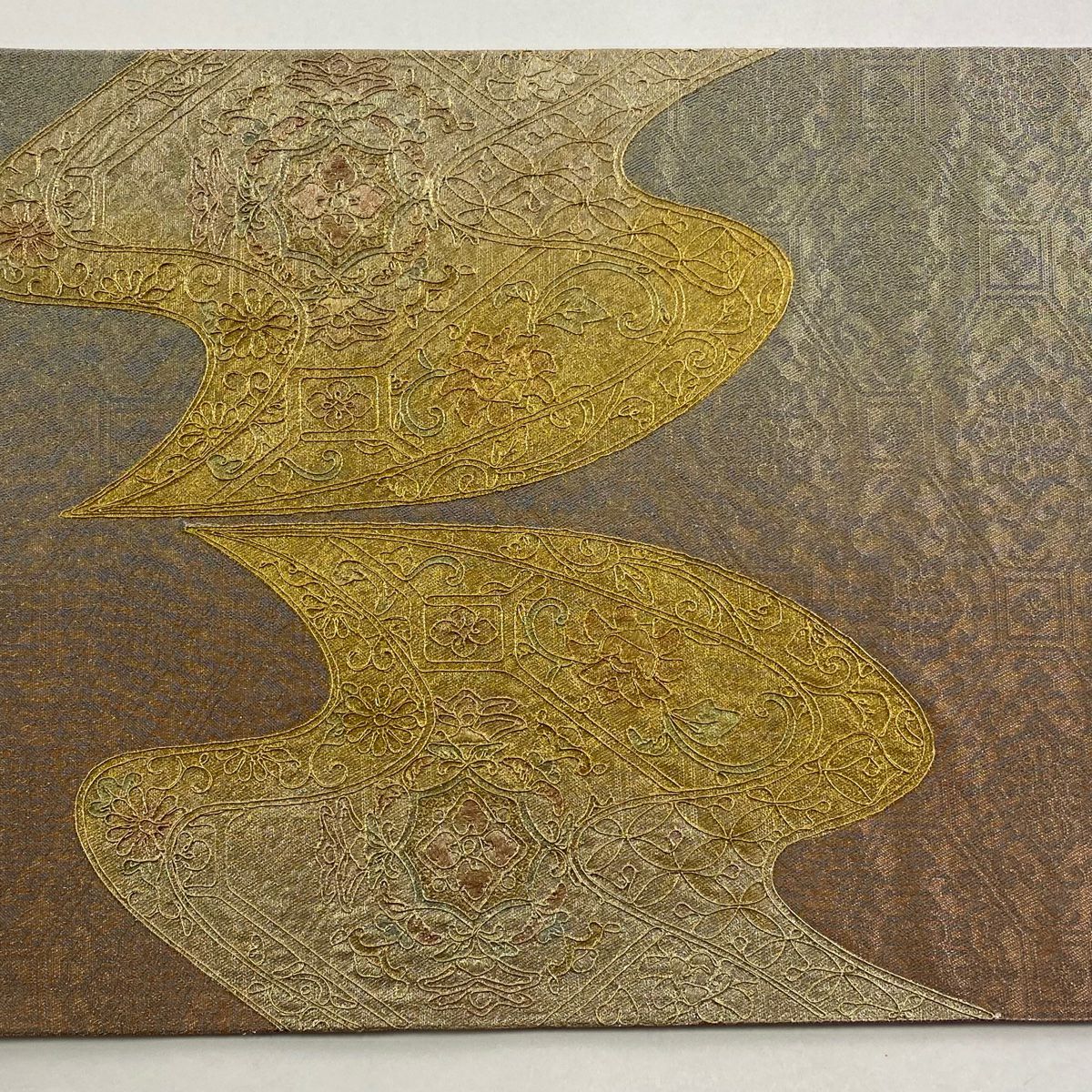 【美品】 袋帶 秀品級 華紋 霞 金絲 灰櫻 お太鼓圖案 純蠶絲