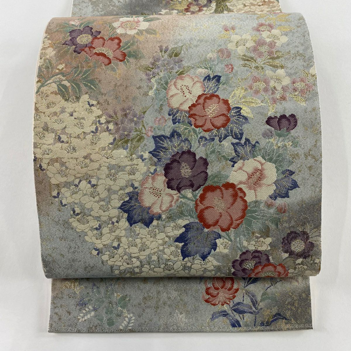 【美品】 袋帶 秀品級 關西仕立 草花紋紋 銀線 金金箔 銀 六通 純蠶絲