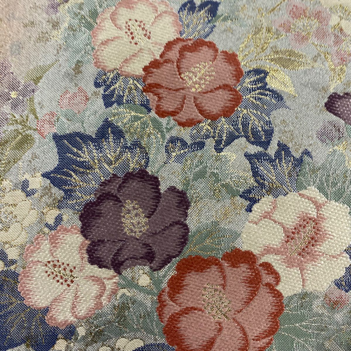 【美品】 袋帶 秀品級 關西仕立 草花紋紋 銀線 金金箔 銀 六通 純蠶絲