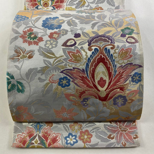 袋帶 秀品級 草花紋 金絲 金金箔 青灰 六通 純蠶絲