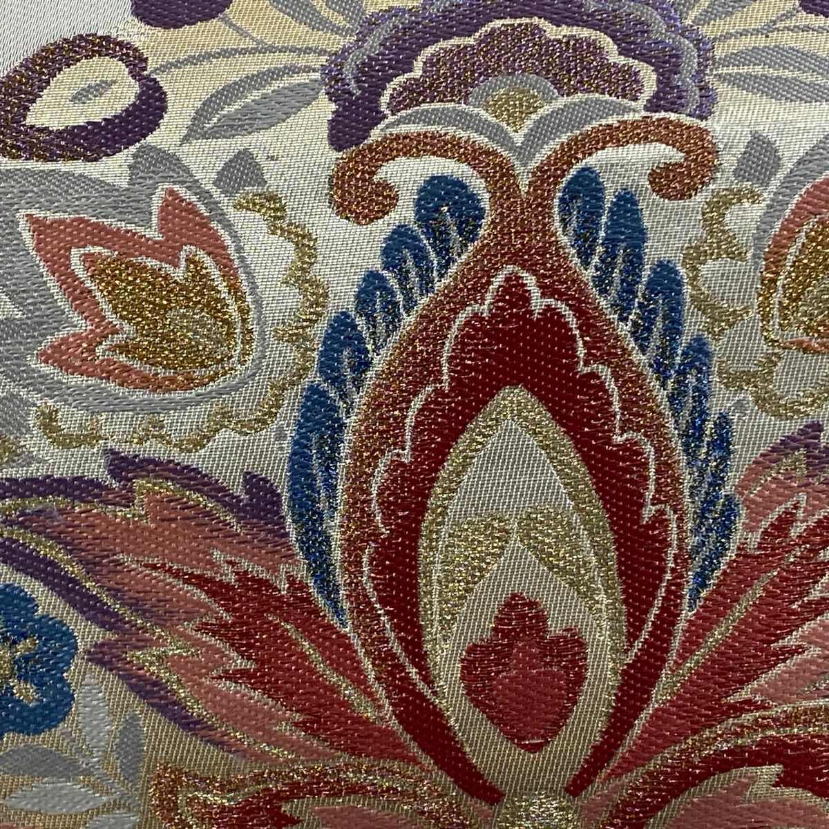 袋帶 秀品級 草花紋 金絲 金金箔 青灰 六通 純蠶絲