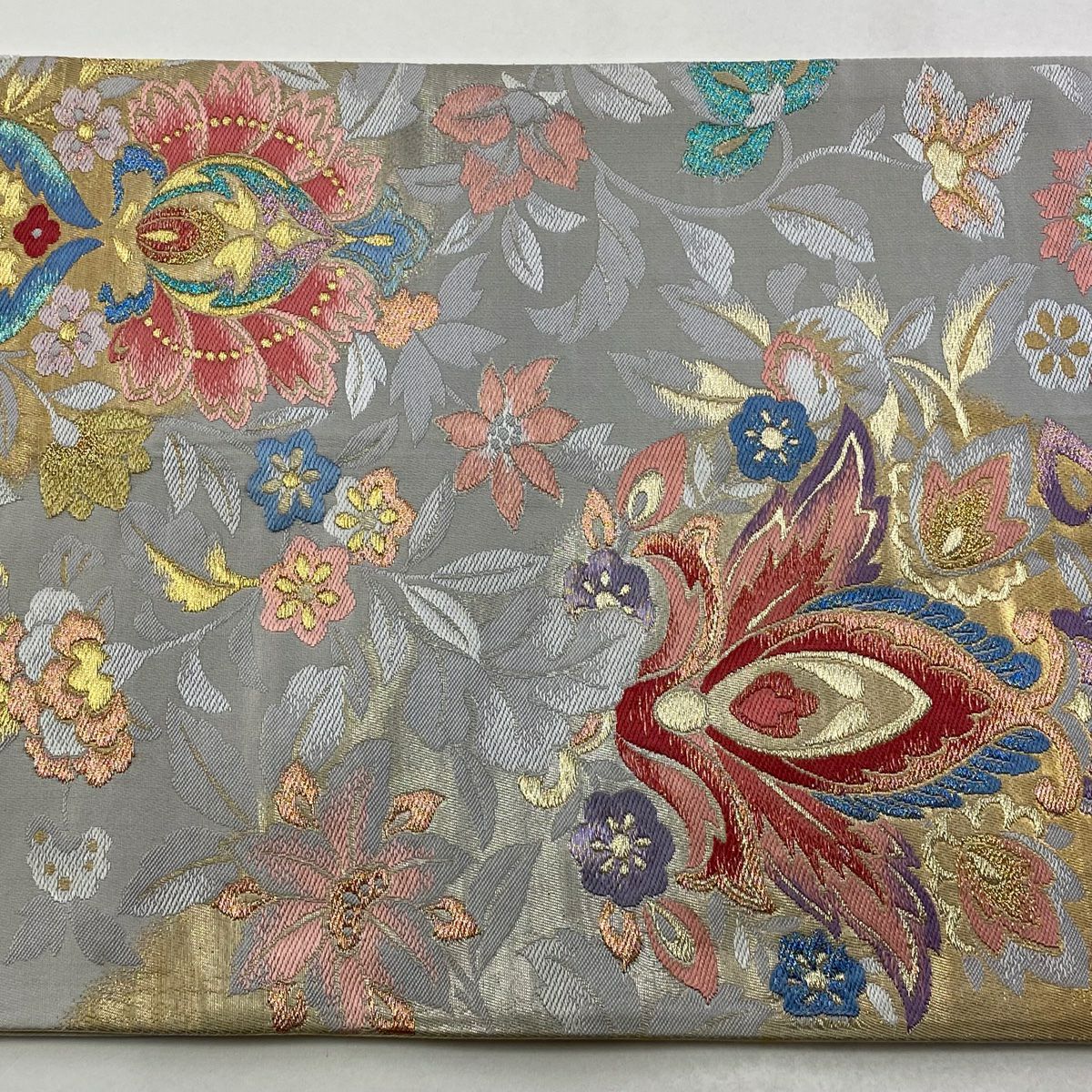 袋帶 秀品級 草花紋 金絲 金金箔 青灰 六通 純蠶絲