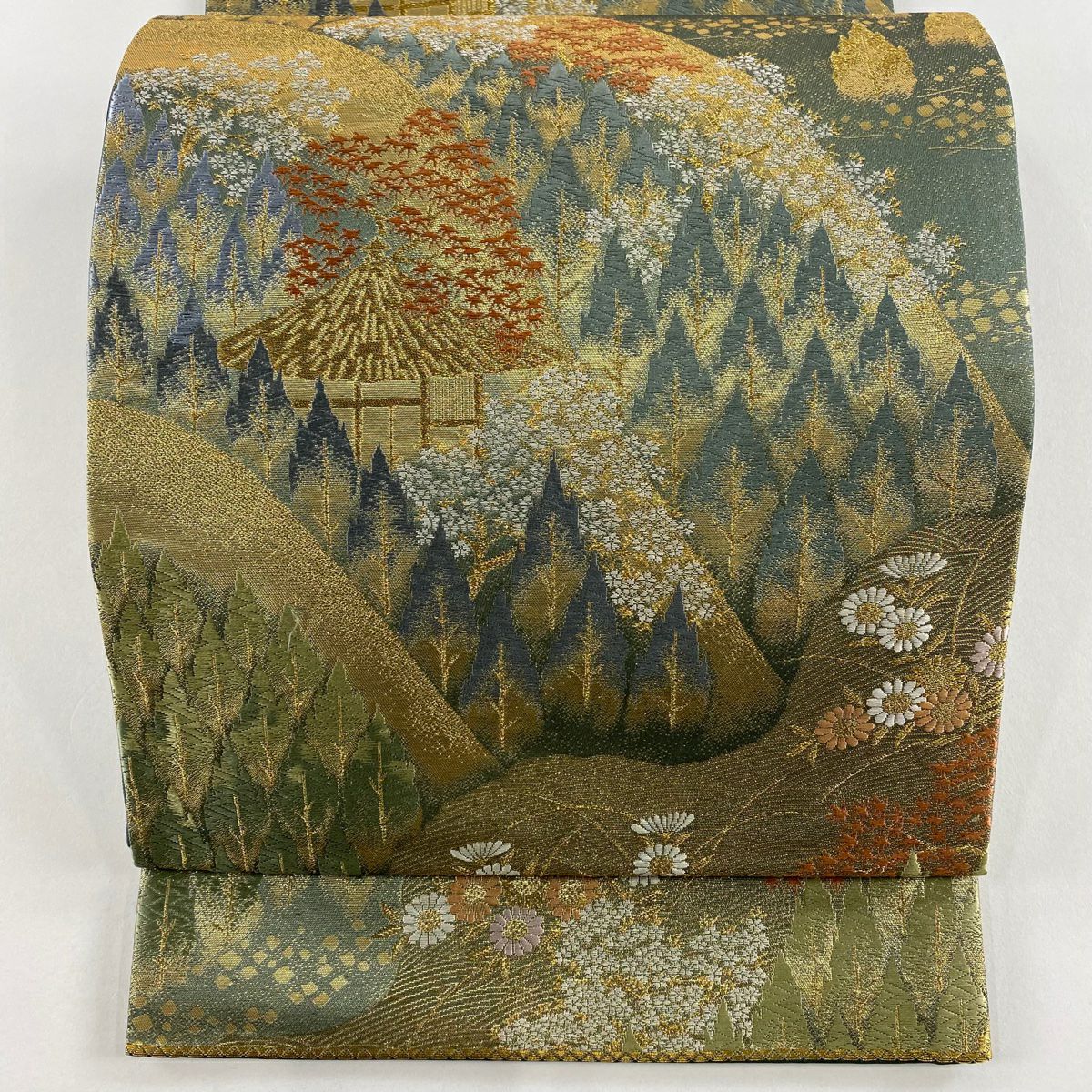 【美品】 袋帶 秀品級 關西仕立 山並 建物 金絲 金金箔 灰綠 六通 純蠶絲