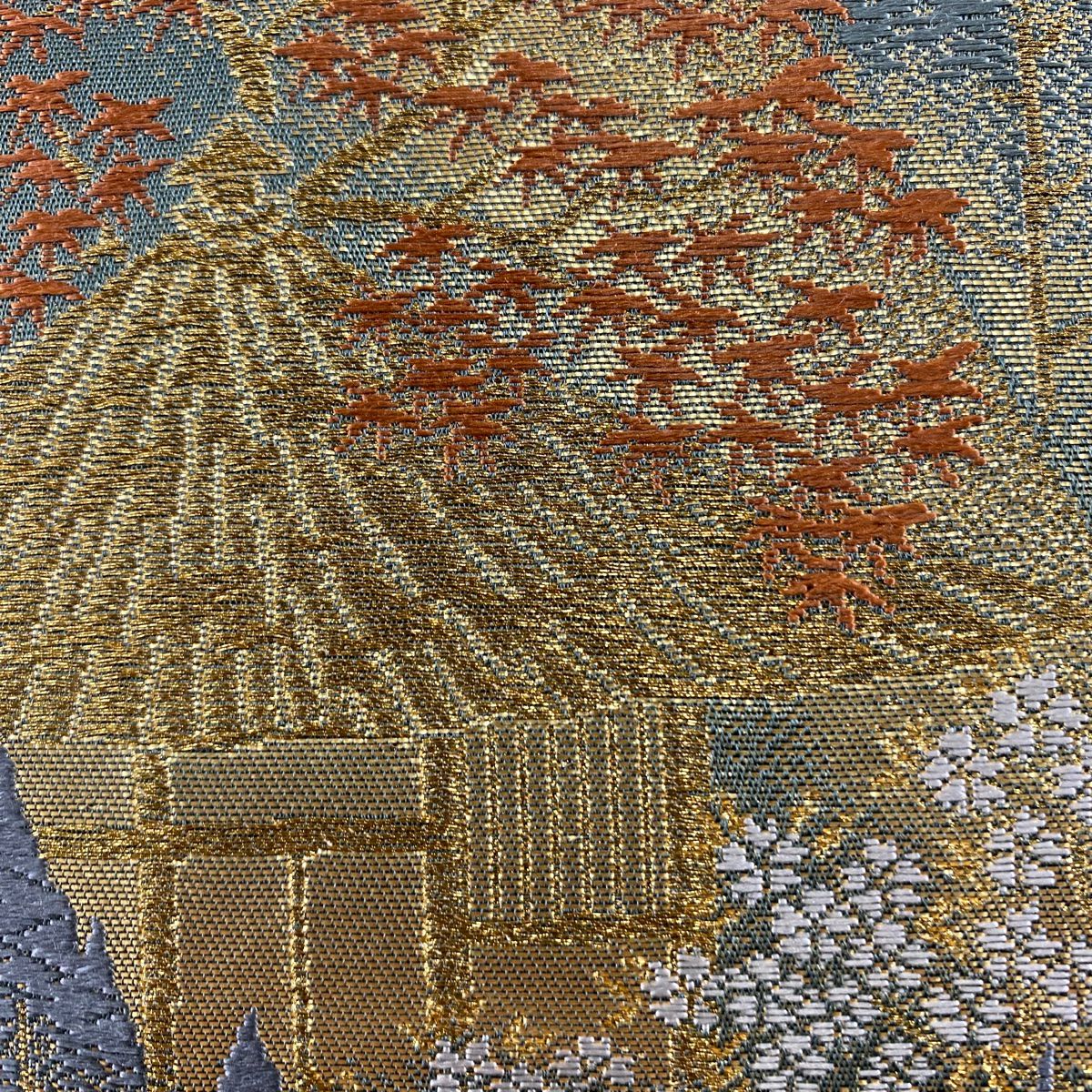 【美品】 袋帶 秀品級 關西仕立 山並 建物 金絲 金金箔 灰綠 六通 純蠶絲