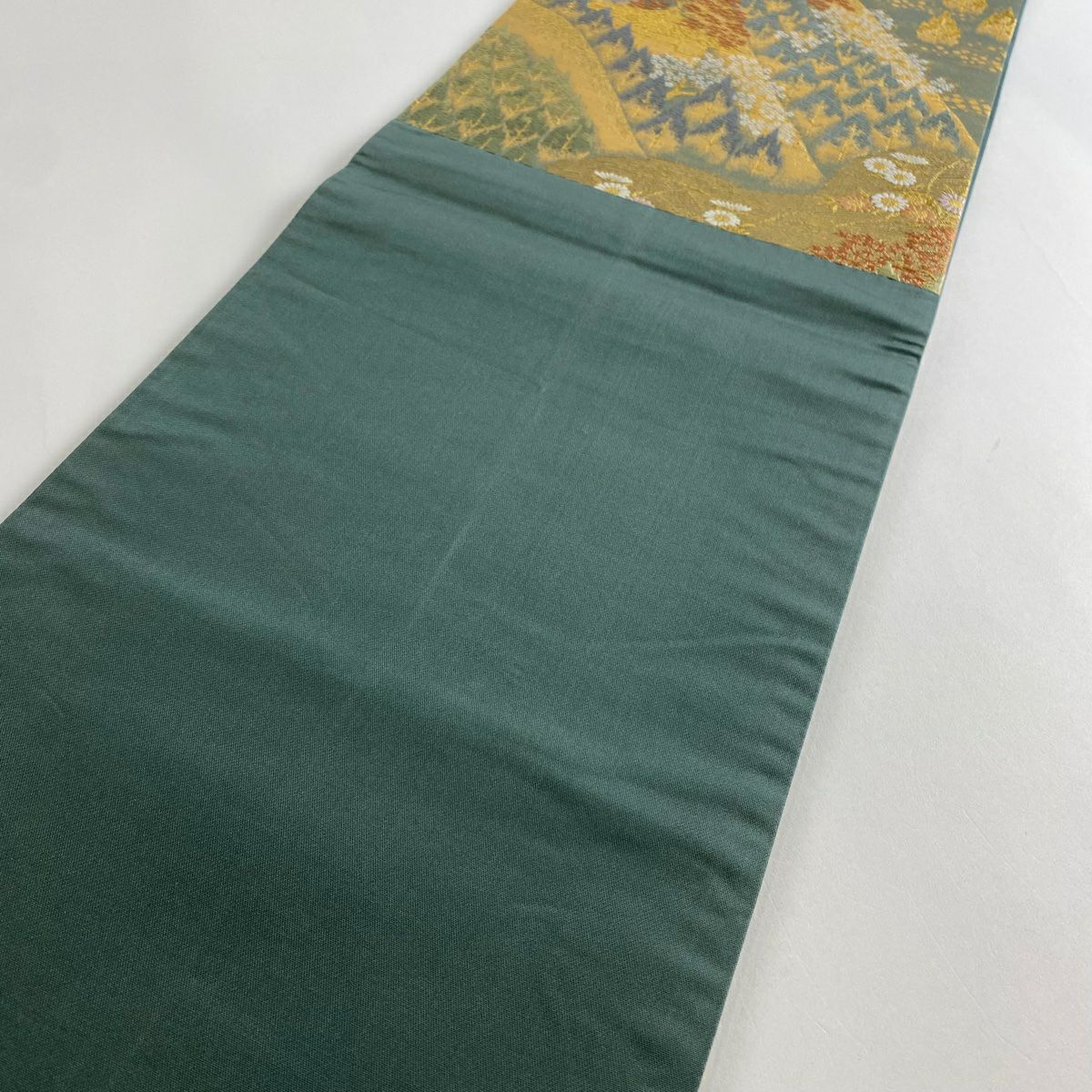 【美品】 袋帶 秀品級 關西仕立 山並 建物 金絲 金金箔 灰綠 六通 純蠶絲