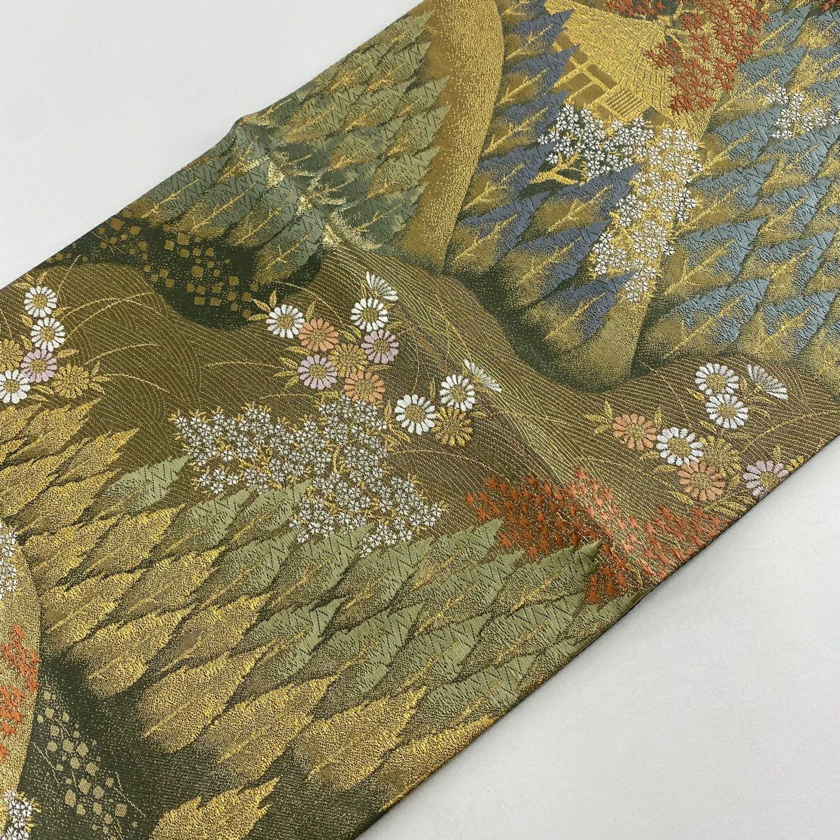 【美品】 袋帶 秀品級 關西仕立 山並 建物 金絲 金金箔 灰綠 六通 純蠶絲